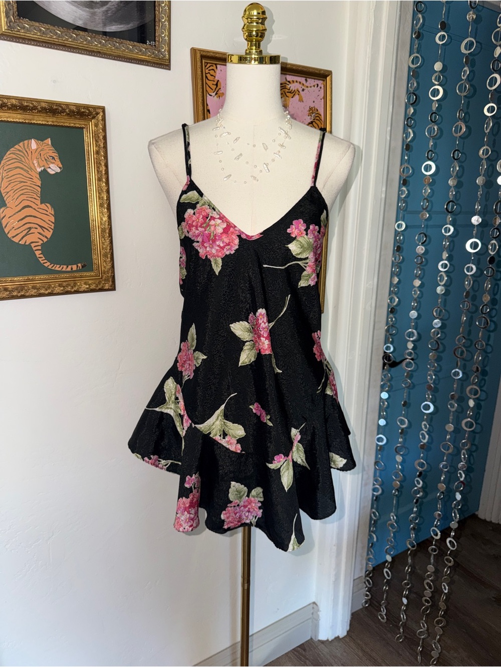 Vintage Y2K Black Floral Ruffle Hem Slip Dress